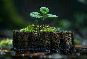 ai generiert klein Baum ist wachsend auf Stumpf im das Regen. foto