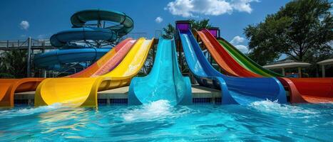 ai generiert ein bunt Wasser Folien Angebot endlos Spaß unter das hell Sonne beim ein verlockend Wasserpark Oase. foto