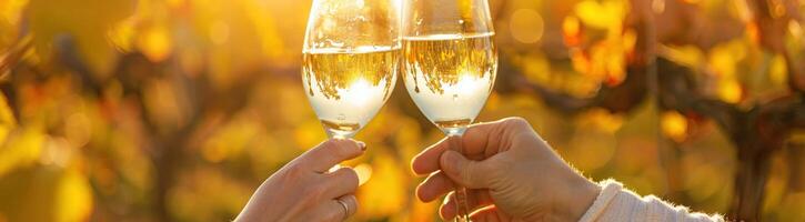 ai generiert ein zwei Menschen Klirren Brille von Weiß Wein im ein Herbst Weinberg, feiern das Jahreszeit Ernte gegen ein Hintergrund von golden Sonnenlicht. foto
