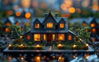 ai generiert Miniatur Haus mit Weihnachten Beleuchtung auf das Baum auf das Dach und Hof foto