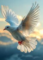 ai generiert Weiß Taube fliegend im das Himmel foto