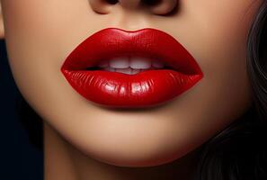 ai generiert schön Frau mit hell rot Lippenstift auf ihr Lippen foto
