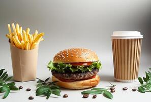 ai generiert Burger Französisch Fritten und Papier Tasse mit Kaffee auf grau Hintergrund foto