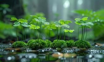 ai generiert das Wald und das Wasser im das Regen. Kleeblatt Blätter wachsen oben und Nieder im Vorderseite von Farn im das Hintergrund foto