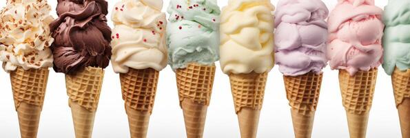 ai generiert köstlich Eis Aromen voll Rahmen Weiß Banner Detail zum Sommer- Dessert Speisekarte und Werbung foto
