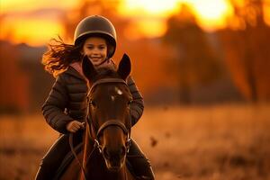 ai generiert jung Mädchen nehmen Reiten Lektionen und Lernen zu Reiten ein Pferd im ein Landschaft Pferdesport Center foto