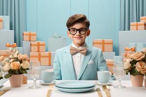 ai generiert stilvoll jung Junge im Brille und Bogen Krawatte Sitzung beim ein Tabelle umgeben durch ein Array von bunt Geschenke foto