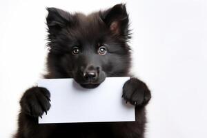 ai generiert süß Schipperke Hund halten oben ein leer Zeichen Attrappe, Lehrmodell, Simulation mit Raum zum Benutzerdefiniert Text oder Grafik foto