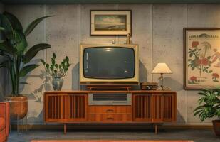 ai generiert retro Fernseher und Jahrgang Möbel im das Leben Zimmer foto