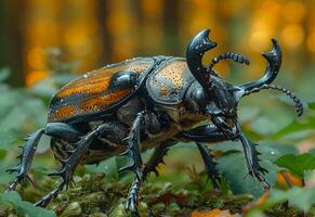 ai generiert groß Käfer sitzt auf moosig Log im das Wald foto
