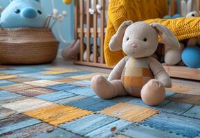 ai generiert Spielzeug Hase sitzt auf Blau und Gelb Teppich im Baby Zimmer. foto