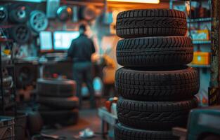 ai generiert Auto Reifen gestapelt im Werkstatt foto