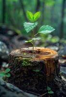 ai generiert Neu Leben und Erneuerung nach Abholzung und global Erwärmen klein Grün Pflanze wächst von Schnitt Baum foto