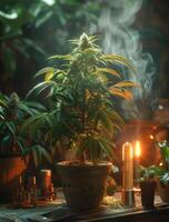 ai generiert Cannabis Pflanze wachsend drinnen unter Lampe mit Kerzen und Öl Flaschen um es foto