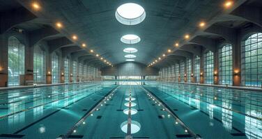 ai generiert Schwimmen Schwimmbad mit hoch Decke. Wasser- Center adv Wasser Verwaltung foto