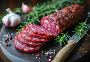 ai generiert geschnitten Salami und Messer auf hölzern Schneiden Tafel foto