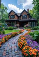 ai generiert Backstein Gehweg führt zu groß Zuhause mit schön Garten. foto