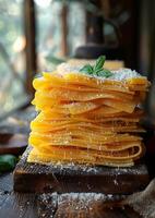 ai generiert hausgemacht roh hausgemacht Pasta mit Basilikum und Parmesan Käse auf hölzern Tabelle selektiv Fokus foto