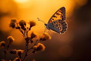 ai generiert Schmetterling auf Blume im das Strahlen von das steigend Sonne foto