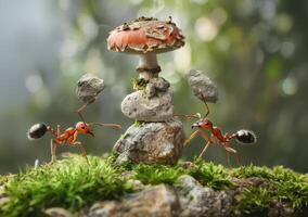 ai generiert Ameisen sind Tragen Pilz. ein Foto zeigt an ein Ameise Tragen zwei klein Felsen auf es ist zurück