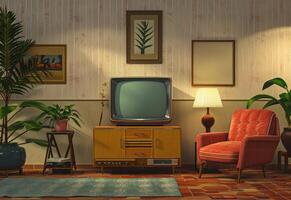 ai generiert retro Leben Zimmer mit Fernsehen und rot Sessel foto