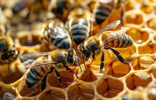 ai generiert Bienen sind Arbeiten auf Bienenwabe foto