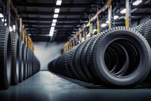 ai generiert Reifen zum Verkauf beim Reifen speichern. ein Stapel von Neu Reifen ist gestapelt hoch im das Garage foto