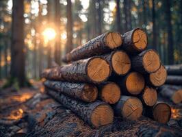 ai generiert Log Stämme Stapel das Protokollierung Bauholz Wald Holz Industrie. breit Banner oder Panorama von hölzern Stämme foto