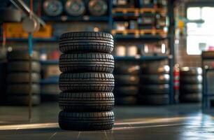 ai generiert Reifen zum Verkauf beim Reifen speichern. ein Stapel von Neu Reifen ist gestapelt hoch im das Garage foto