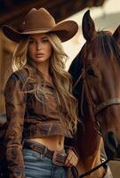 ai generiert schön Cowgirl posieren mit Pferd im Scheune foto