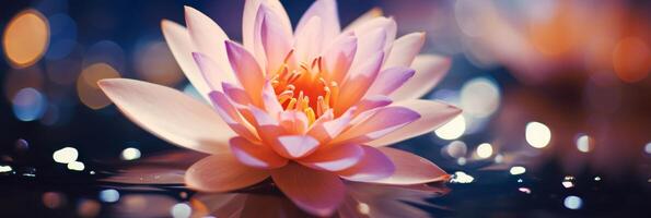 ai generiert schön Lotus Blumen auf verschwommen defokussiert Hintergrund mit Kopieren Raum zum Text foto