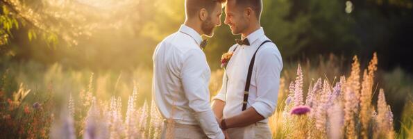 ai generiert Liebe Gewinnt. lgbt Hochzeit Feier mit glücklich Fröhlich Paar Ehe Gleichberechtigung Konzept foto