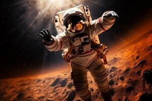 ai generiert Astronaut schwebend im Raum - - International Mensch Raum Erkundung Tag, futuristisch Wissenschaft Konzept foto