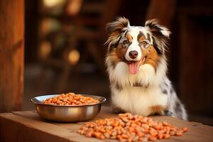 ai generiert spielerisch Rand Collie Hund Sitzung Nächster zu ein bunt Sortiment von nahrhaft Essen und Leckereien foto