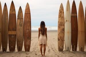 ai generiert Jahrgang Surfer Mädchen auf Strand mit retro Tafel perfekt Raum zum Text, Zitate, oder Marketing foto