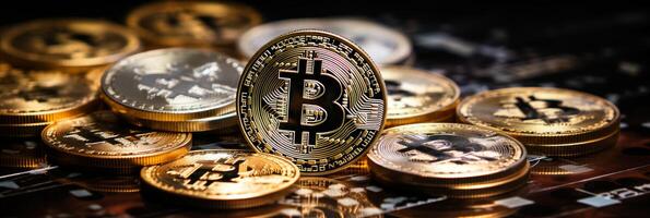 ai generiert Bitcoin golden Münzen auf Markt Diagramm, Blockchain Bergbau Konzept, Krypto btc Preis Analyse foto