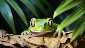 ai generiert rotäugig Baum Frosch agalychnis Callidryas im üppig natürlich Lebensraum mit Kopieren Raum foto