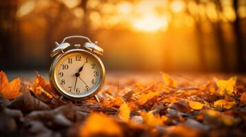 ai generiert Tageslicht Speichern Zeit. Alarm Uhr und Orange Blätter auf hölzern Tisch, Herbst Überleitung zu Winter foto