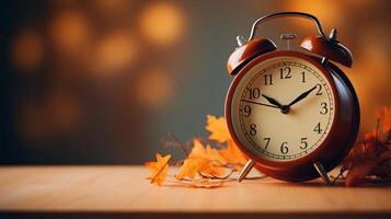 ai generiert Tageslicht Speichern Zeit. Alarm Uhr und Orange Blätter auf hölzern Tisch, Herbst Jahreszeit Konzept foto