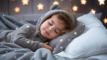 ai generiert süß Kleinkind friedlich Schlafen auf gemütlich Bett beim Zuhause zum Süss Familie Träume und Ruhe foto