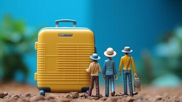 ai generiert glücklich Familie mit Miniatur Koffer Spielzeuge genießen Ferien Konzept im realistisch Detail foto