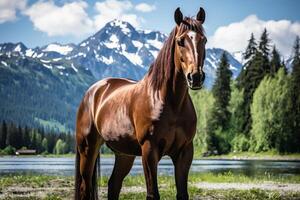 ai generiert schön Pferd Weiden lassen friedlich auf üppig alpin Wiese mit reichlich Raum zum fesselnd Text foto