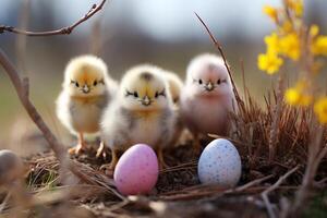 ai generiert bunt Ostern Eier und Hühner - - festlich Bauernhof Hintergrund zum saisonal Feierlichkeiten und Dekor foto