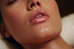 ai generiert schön Frau unterziehen kosmetisch Botox Lippe Behandlung beim ein prestigeträchtig Schönheit Salon foto