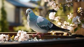 ai generiert Weiß Taube im szenisch Blühen Garten mit reichlich Raum zum Text, schön Natur Hintergrund foto