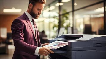 ai generiert Geschäftsmann Drucken Unterlagen auf Laser- Drucker im Büro mit Kopieren Raum zum Text foto