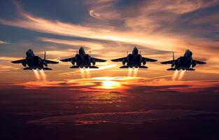 ai generiert Militär- Kämpfer Jets Starten Streik beim Sonnenuntergang foto