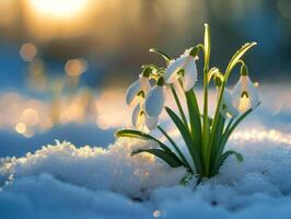 ai generiert schön Weiß Schneeglöckchen im das Schnee im das Strahlen von das steigend Sonne. Schneeglöckchen foto