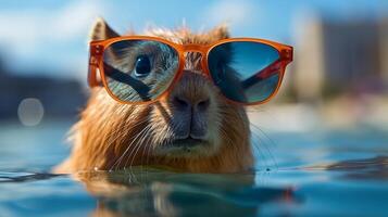 ai generiert komisch Capybara tragen Sonnenbrille auf ein bunt Hintergrund mit reichlich Kopieren Raum foto