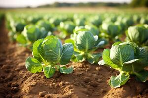 ai generiert reichlich Ernte von frisch, organisch Kohl auf ein modern und nachhaltig Plantage Bauernhof foto